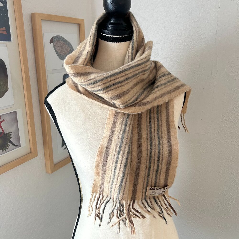 Vintage 100% Camel Hair Scarf Brown Tan Blue Stripes Made in West Germany